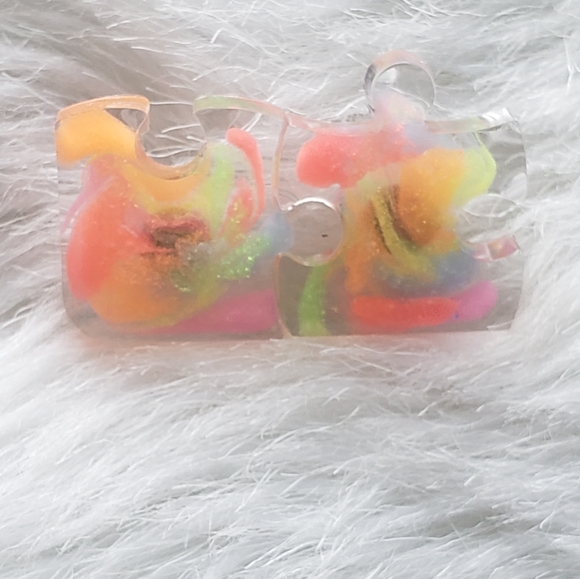 Handmade Rainbow Clear Puzzle Pieces Stud Earrings - Reacts to UV Light - Picture 5 of 7